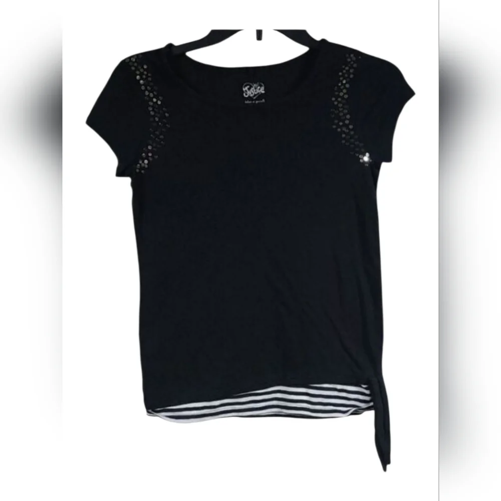 Justice Black Sequin Knit Top Stripe Hem Side Knot Tee Girls Size 10 Trendy Soft